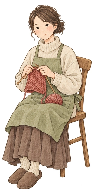 編み物をする成人女性の水彩イラスト