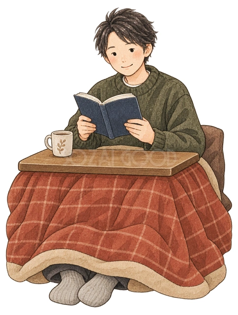 こたつで読書する成人男性の水彩イラスト