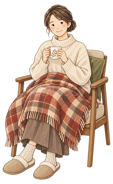 ひざ掛けでくつろぐ成人女性の水彩イラスト