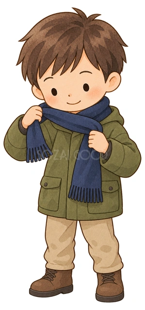マフラーを巻く男の子の水彩イラスト
