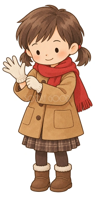 手袋をつける女の子の水彩イラスト