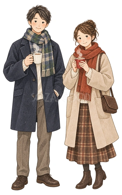 温かい飲み物を持つ成人男女二人の水彩イラスト