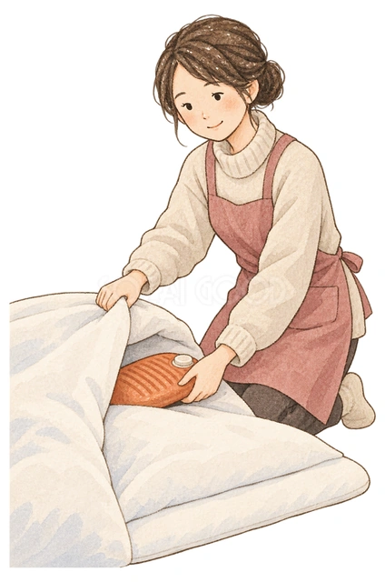 湯たんぽを布団に入れる女性の水彩イラスト