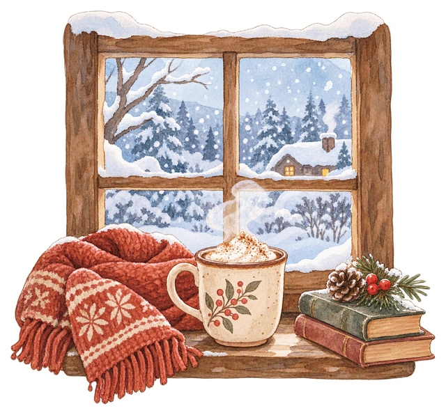 雪の窓辺と暖かい飲み物の水彩イラスト