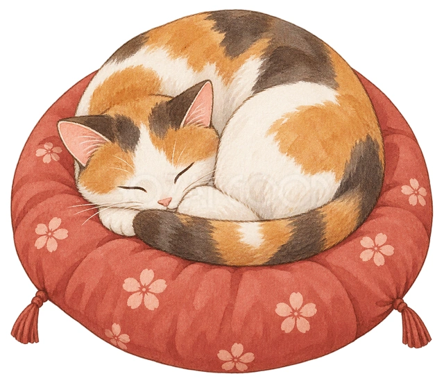 猫が丸くなる座布団の水彩イラスト