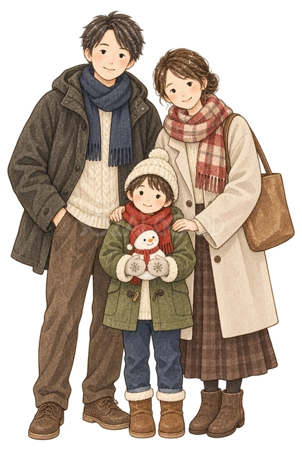 冬の家族三人のくつろぎの水彩イラスト