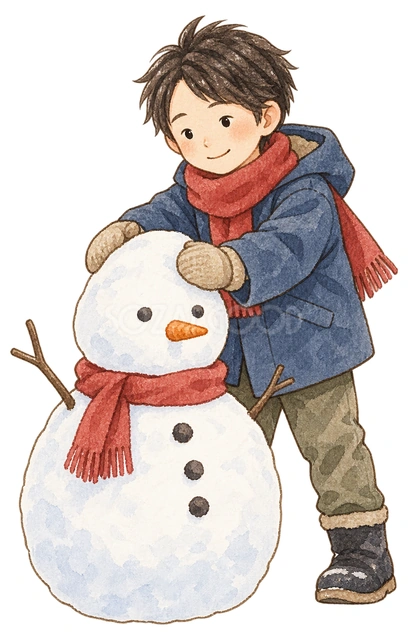 雪だるまを作る男の子の水彩イラスト