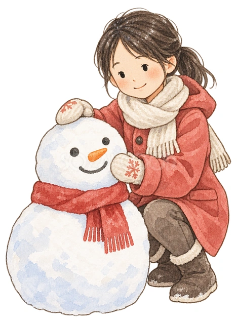 雪だるまを作る女の子の水彩イラスト