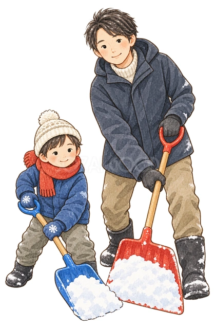 雪かきをする親子二人の水彩イラスト