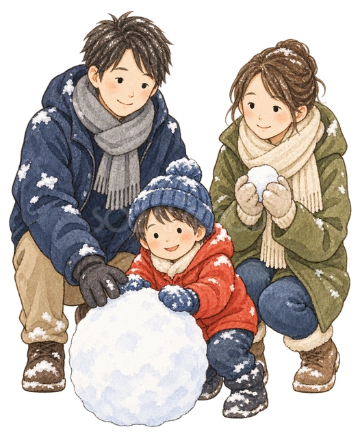 雪遊びで笑う家族三人の水彩イラスト
