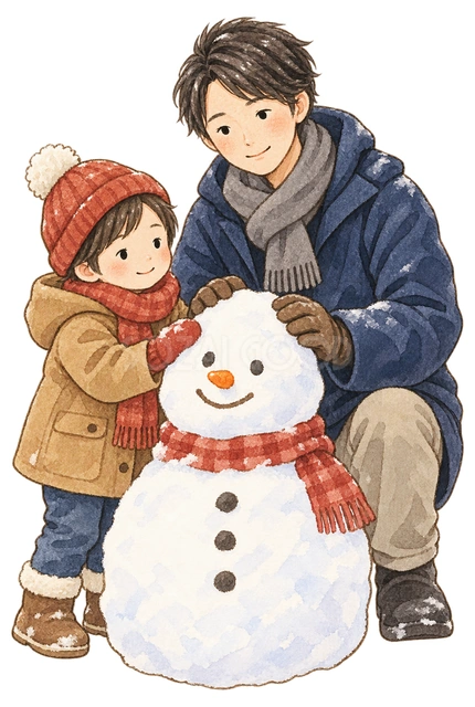 雪だるまを作る親子二人の水彩イラスト