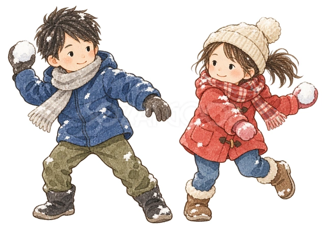 雪合戦をする子ども二人の水彩イラスト
