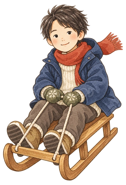 そりに乗る男の子の水彩イラスト