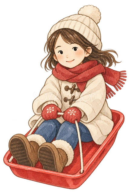 そりに乗る女の子の水彩イラスト