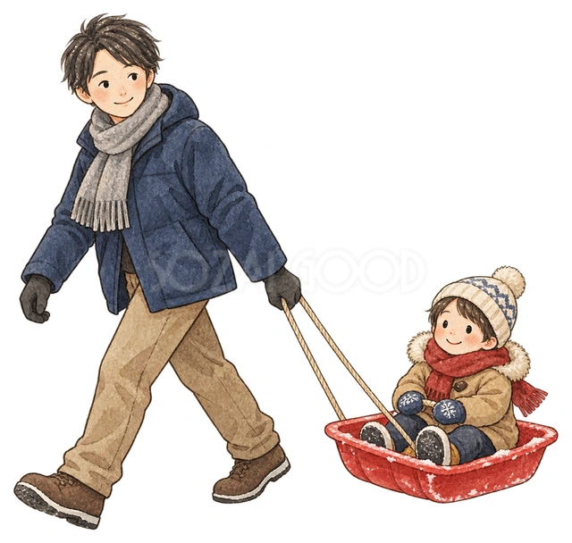 そりを引く父親と乗る子どもの二人の水彩イラスト