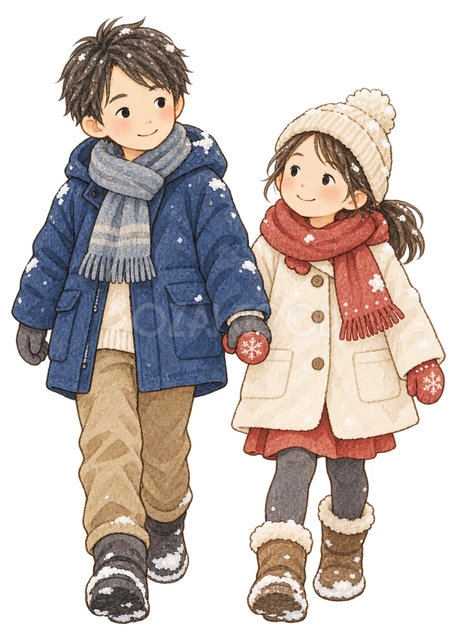 雪の上を歩く子ども二人の水彩イラスト