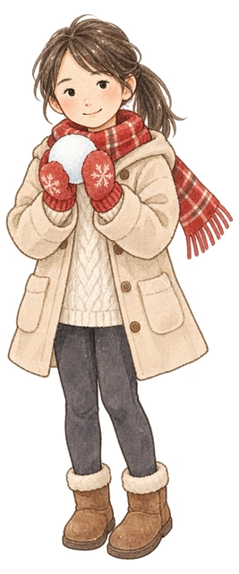 雪玉を持つ女の子の水彩イラスト