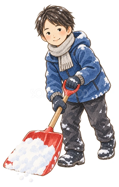 雪かきをする男の子の水彩イラスト