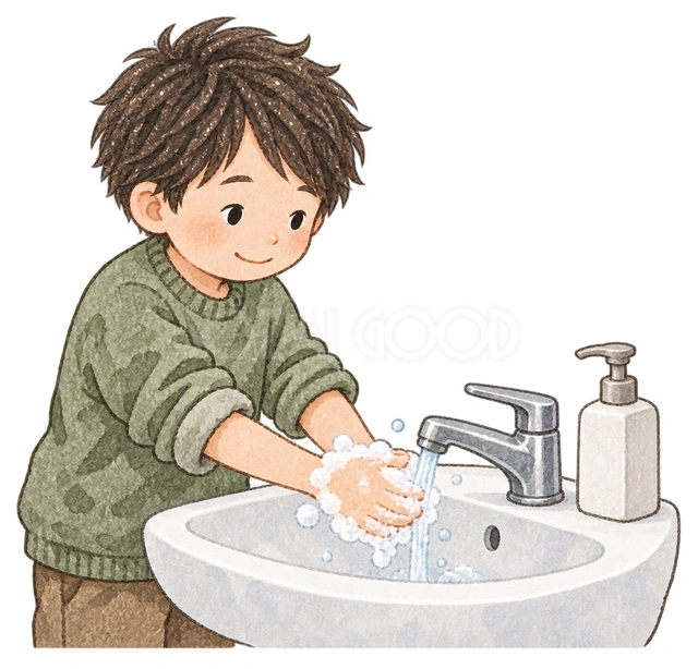 手を洗う男の子の水彩イラスト