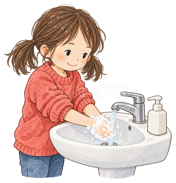 手を洗う女の子の水彩イラスト