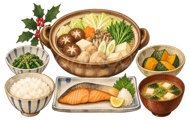 バランスのよい冬の食卓の水彩イラスト