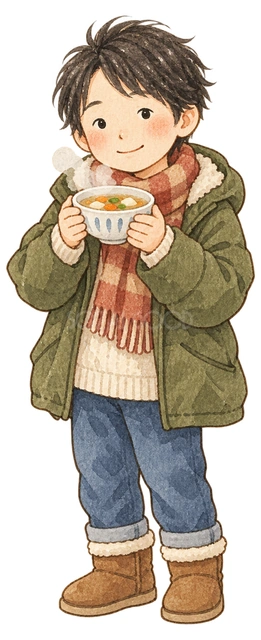 温かいスープを飲む子どもの水彩イラスト