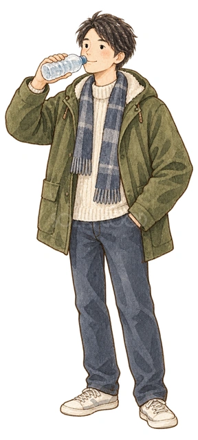 水を飲む成人男性の水彩イラスト