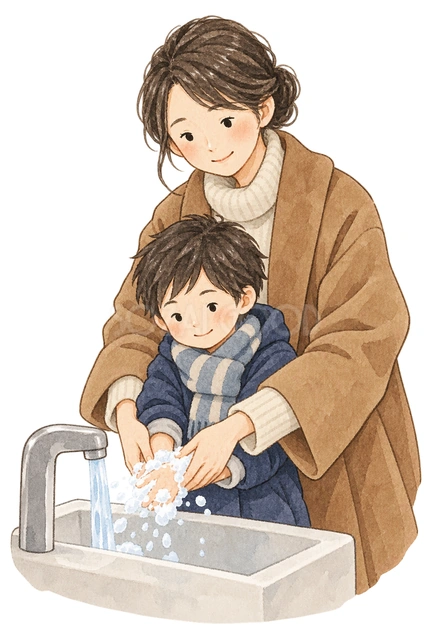 手洗いを教える母親と子どもの二人の水彩イラスト
