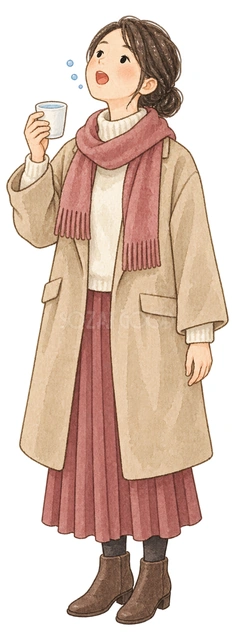 うがいをする成人女性の水彩イラスト
