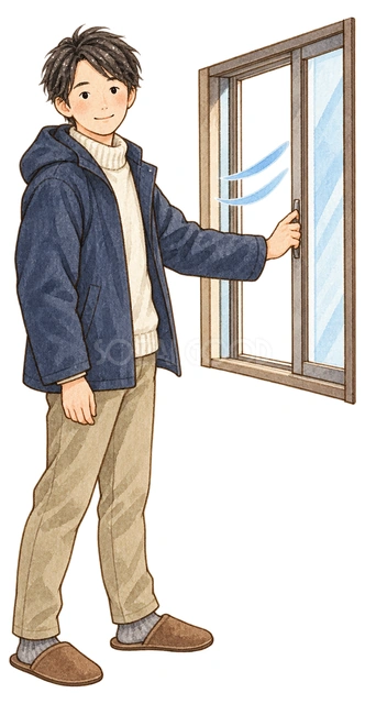 窓を開けて換気する成人男性の水彩イラスト