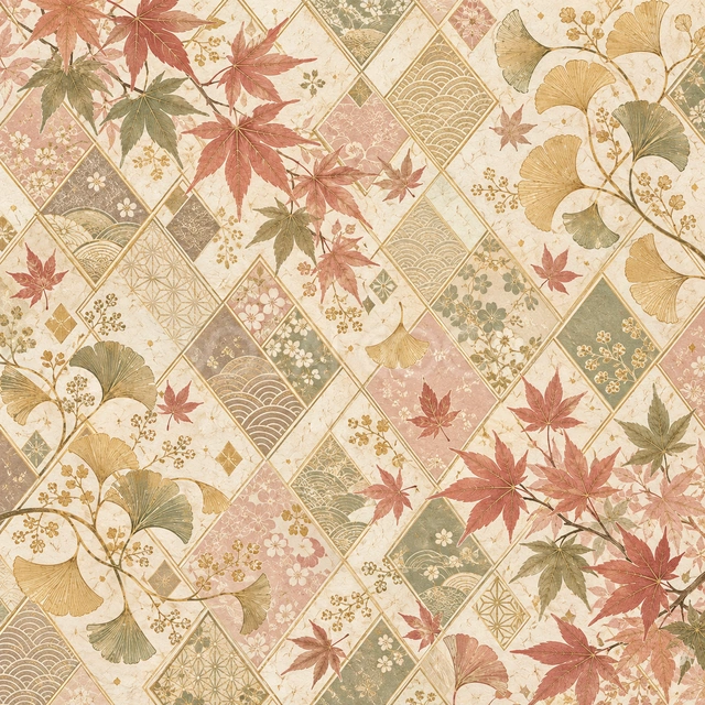紅葉と重ね菱・正方形の背景です