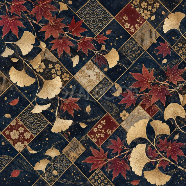紅葉と重ね菱・正方形の背景です