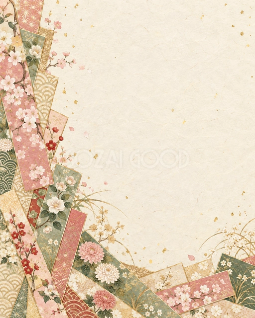 花を描いた短冊の重ね柄・縦長の背景です