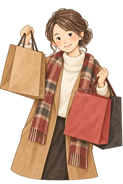 紙袋を持つ女性の水彩イラスト