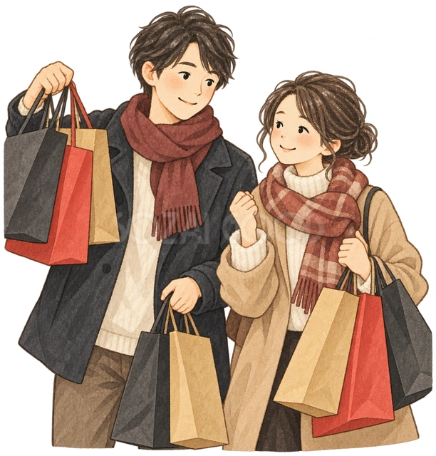 買い物を楽しむ男女の水彩イラスト