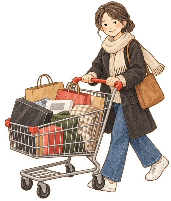 買い物カートを押す女性の水彩イラスト