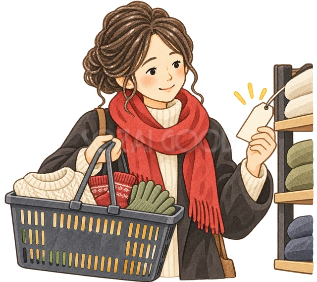 衣類を選ぶ女性の水彩イラスト