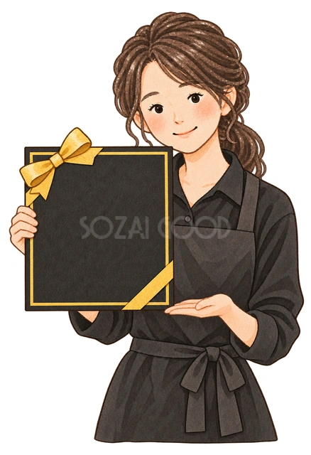 商品を案内する店員の水彩イラスト