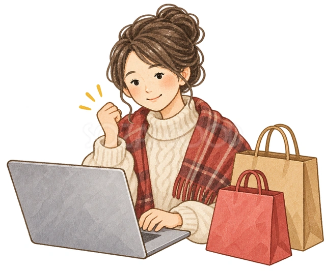 ノートパソコンで買い物する女性の水彩イラスト