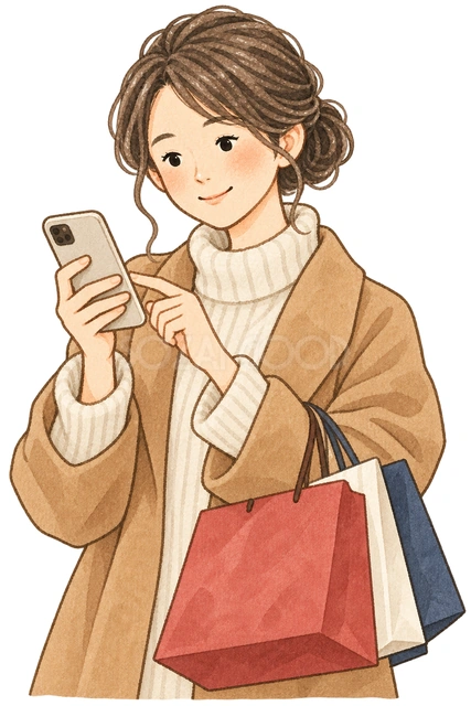 スマートフォンで買い物する女性の水彩イラスト