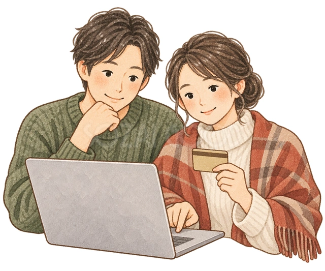 通販を楽しむ夫婦の水彩イラスト