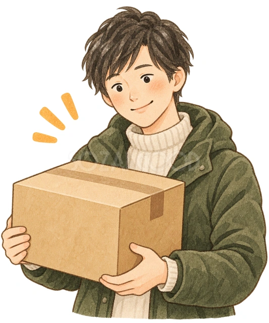 通販の荷物を受け取る男性の水彩イラスト