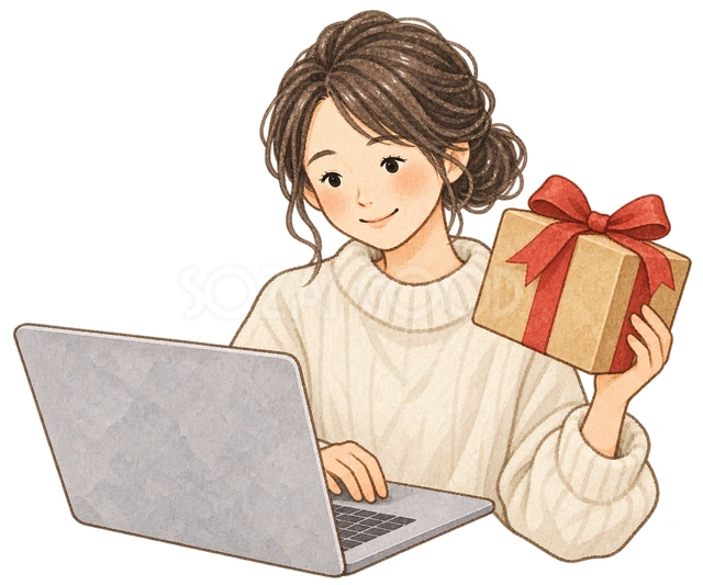 パソコンでギフトを選ぶ女性の水彩イラスト