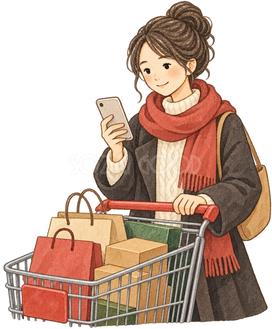 スマートフォンを確認する買い物中の女性の水彩イラスト