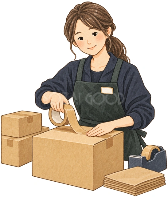 荷物を梱包する店員の水彩イラスト