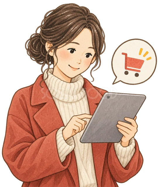 タブレットで注文を確認する女性の水彩イラスト