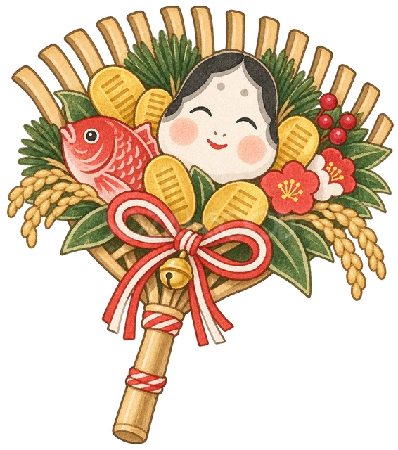おかめと小判の縁起熊手の水彩イラスト