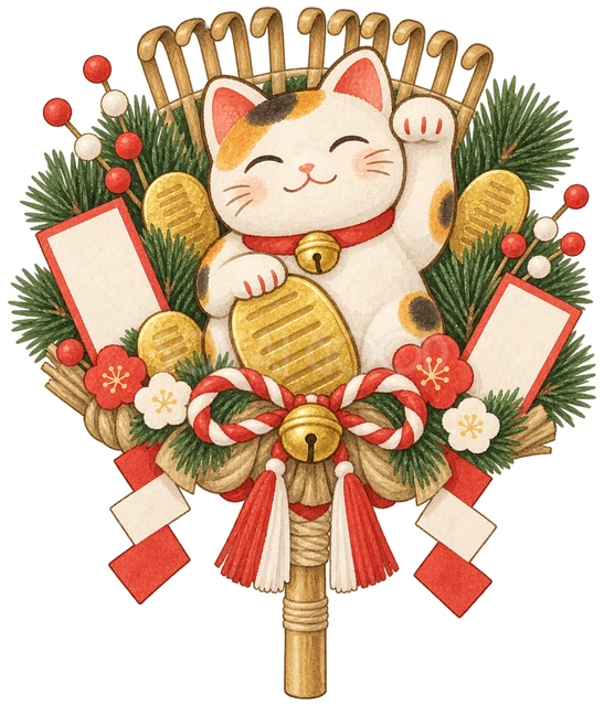 招き猫と松の縁起熊手の水彩イラスト
