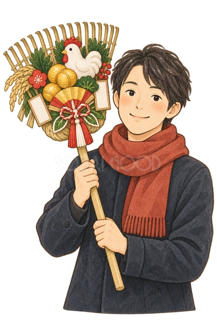 熊手を持つ男性の水彩イラスト