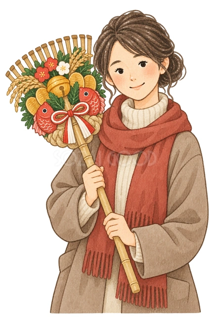 熊手を持つ女性の水彩イラスト